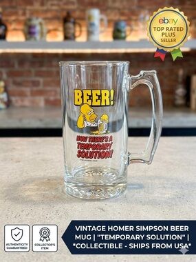 Vintage The Simpsons Homer Simpson Beer There's A Temporary Solution Mug Glass